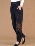 Women's Vintage Flower Embroidered Pockets Elastic Waist Jeans