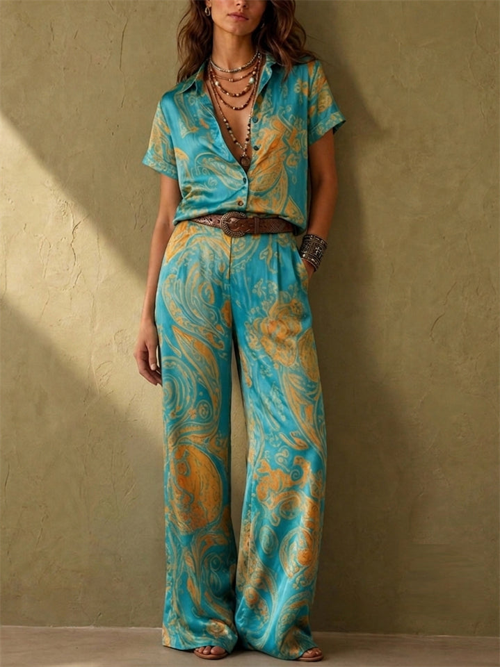 Women Boho Holiday Paisley Short Sleeve Wide Leg 2 Piece Set