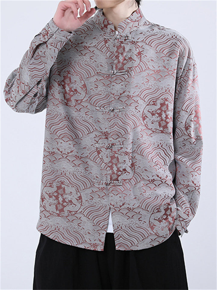 Chinese Style Loong Print Long Sleeve Linen Shirts for Men