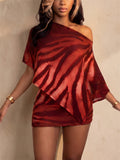 Womens Sexy Print Off Shoulder Poncho Top and Skirt Set