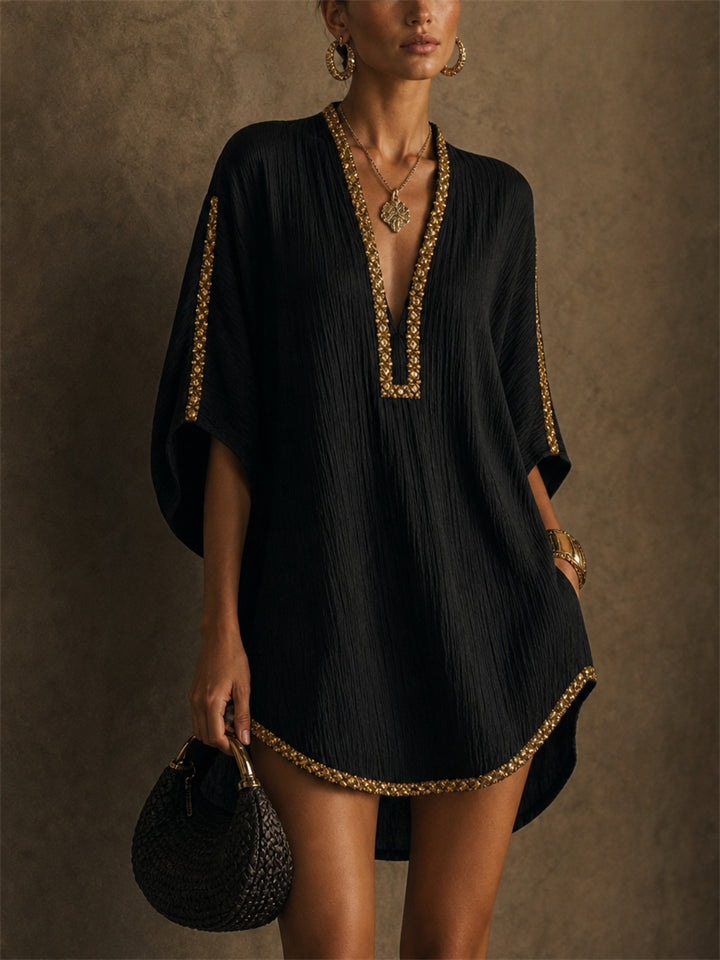 Women Black V Neck Boho Gold Trim Kaftan Mini Dress
