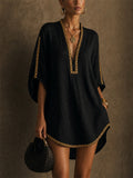 Women Black V Neck Boho Gold Trim Kaftan Mini Dress