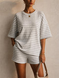 Women Striped Ribbed 2 Piece Pajama Shorts Lounge Set
