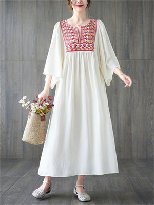 Ethnic Style V Neck Embroidery Ruffle Dress for Women