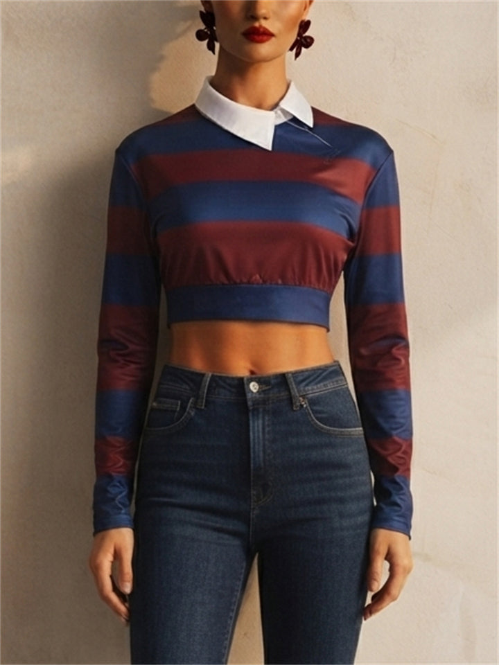 Women Striped Long Sleeve Rugby Polo Crop Top