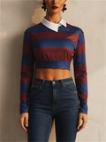 Women Striped Long Sleeve Rugby Polo Crop Top