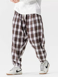 Men's Japanese Style Retro Loose Fit Elastic Waist Checkered Joggers Pants