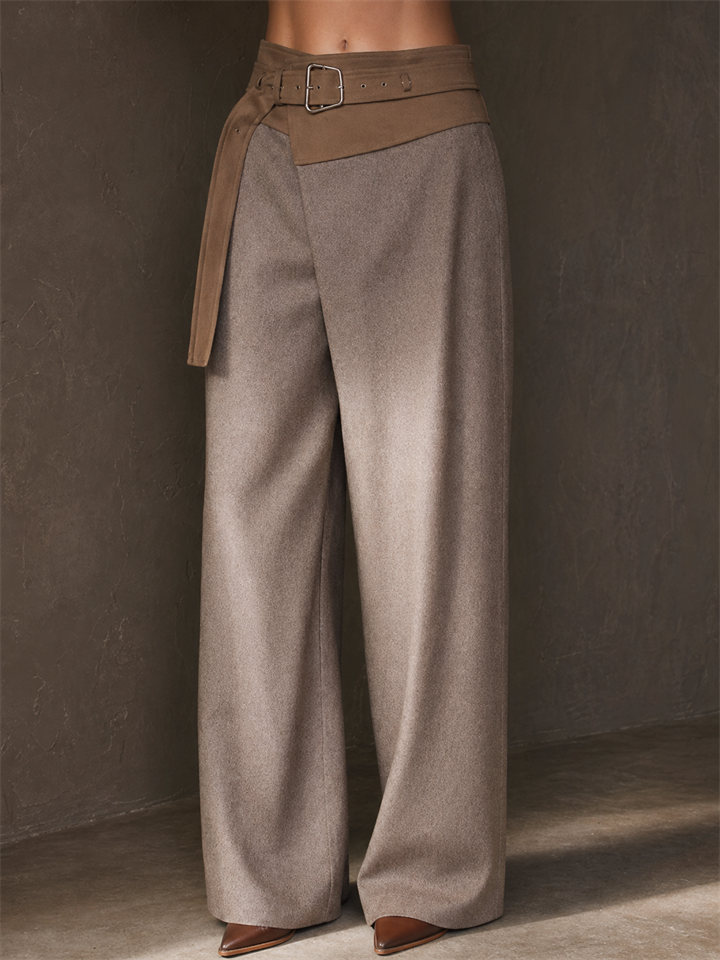 Women's Elegant Contrast Color High Waist Wide Leg Belted Wrap Front Pants