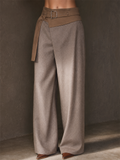 Women's Elegant Contrast Color High Waist Wide Leg Belted Wrap Front Pants