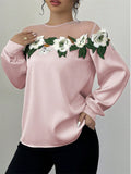 Women's Pink Mesh Patchwork Embroidered Long Sleeve Shirts