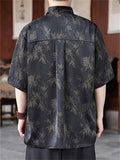 Men's Summer Black Cool Leaves Print Turtleneck Pile Collar Shirt