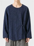 Chinese Zen Style Men's Long Sleeve Round Neck Shirts with Button Details