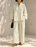 Women Simple Striped Long Sleeve Quarter Zip Top and Wide Leg Pants Set