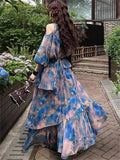 Women's Elegant Print  Shoulder Cut Long Sleeve Shirt & Strap Dress