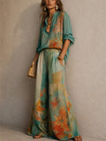 Women Boho Holiday Floral 2 Piece Set Shirt Wide Leg Pants Outfit