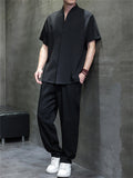 Men's 2Pcs Summer Zen Style Stand Collar Short Sleeve Solid Color Outfits
