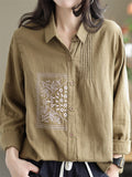 Retro Loose Embroidery Pleated Lapel Shirt for Women
