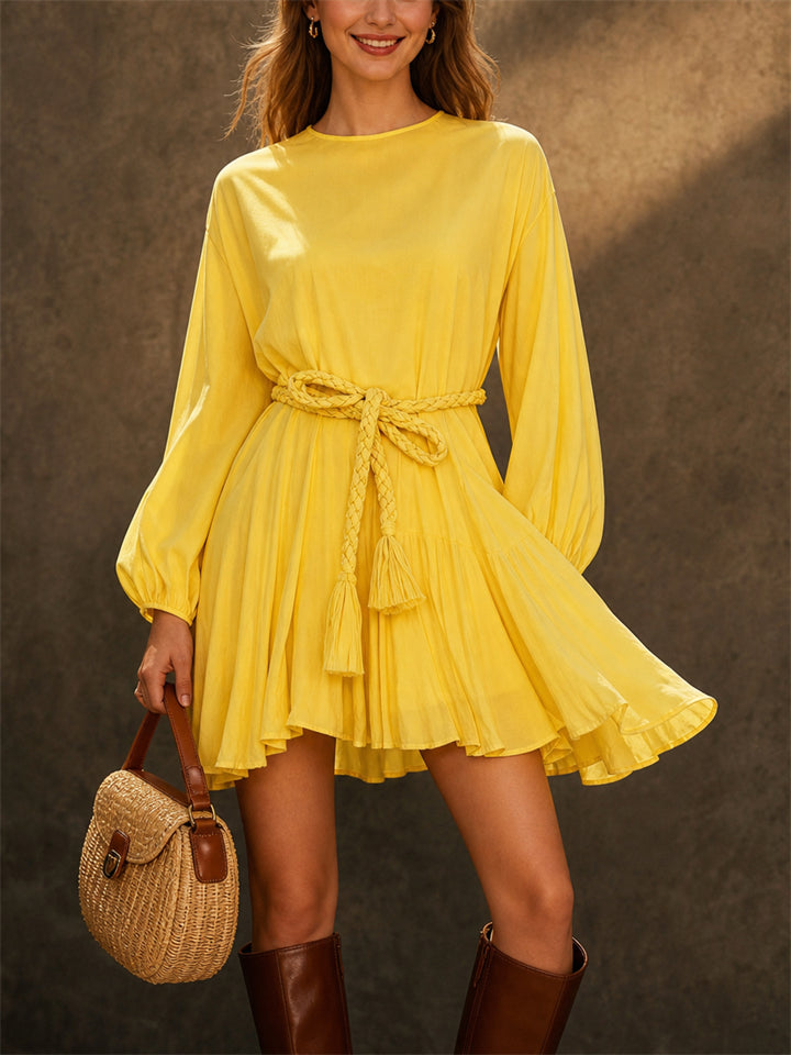 Women French Style Yellow Long Sleeve Braided Belt Tiered Mini Dress