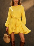 Women French Style Yellow Long Sleeve Braided Belt Tiered Mini Dress