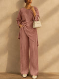 Women Lounge Pleated Two Piece Set Long Sleeve Top Wide Leg Pants