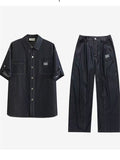Men's 2Pcs Summer Retro Simple Print Lapel Short Sleeve Outfits