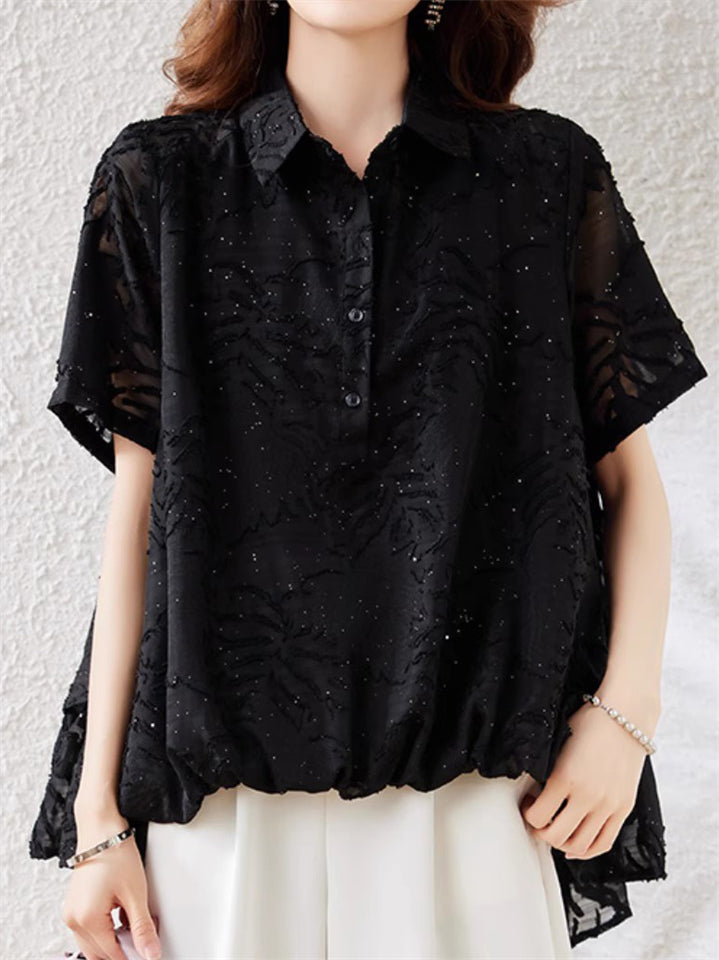 Women's Summer Polo Neck Sequin Jacquard Short Sleeve Shirt