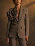 Women Coffee Single Button 3D Rosette Flower Tweed Blazer