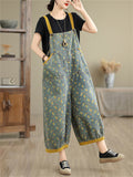 Women's Floral Print Contrast Color Overall Denim Jumpsuits
