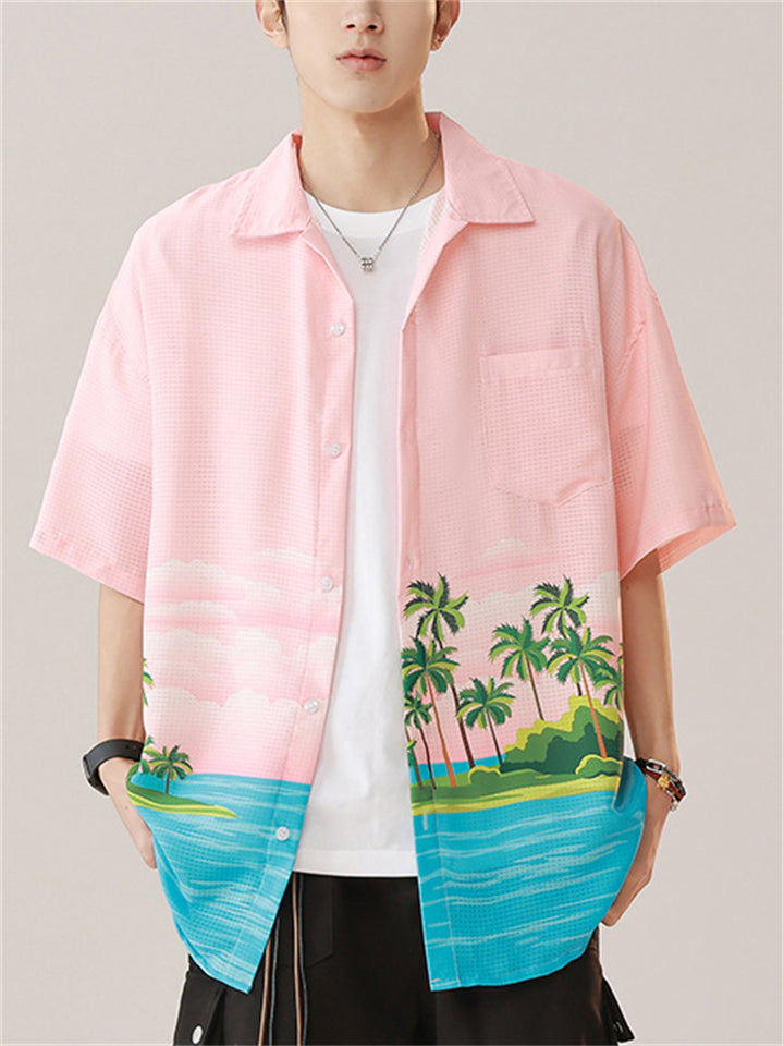 Men's Holiday Style Coconut Tree Print Short Sleeve Beach Shirt