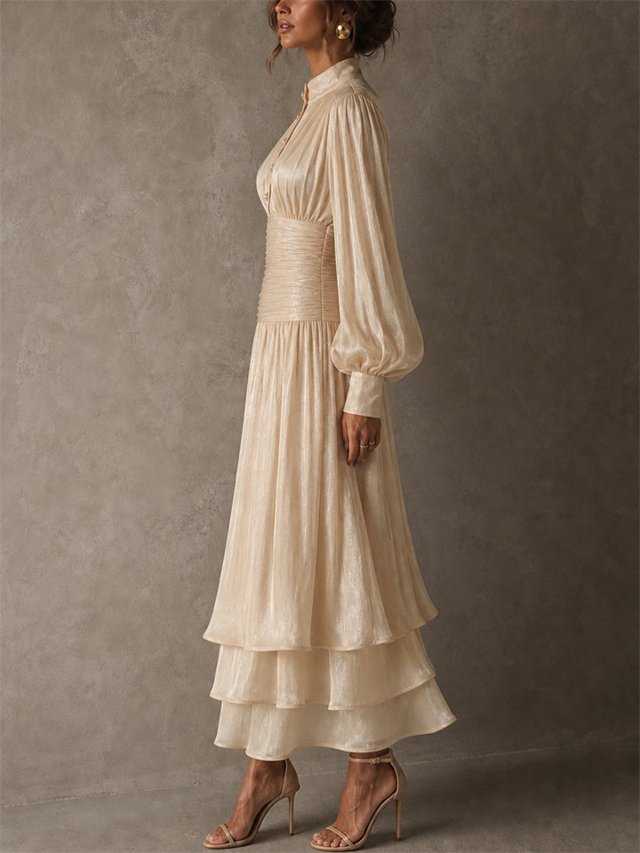 Women High Neck Long Sleeve Ruched Tiered Metallic Maxi Dress