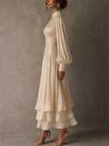 Women High Neck Long Sleeve Ruched Tiered Metallic Maxi Dress