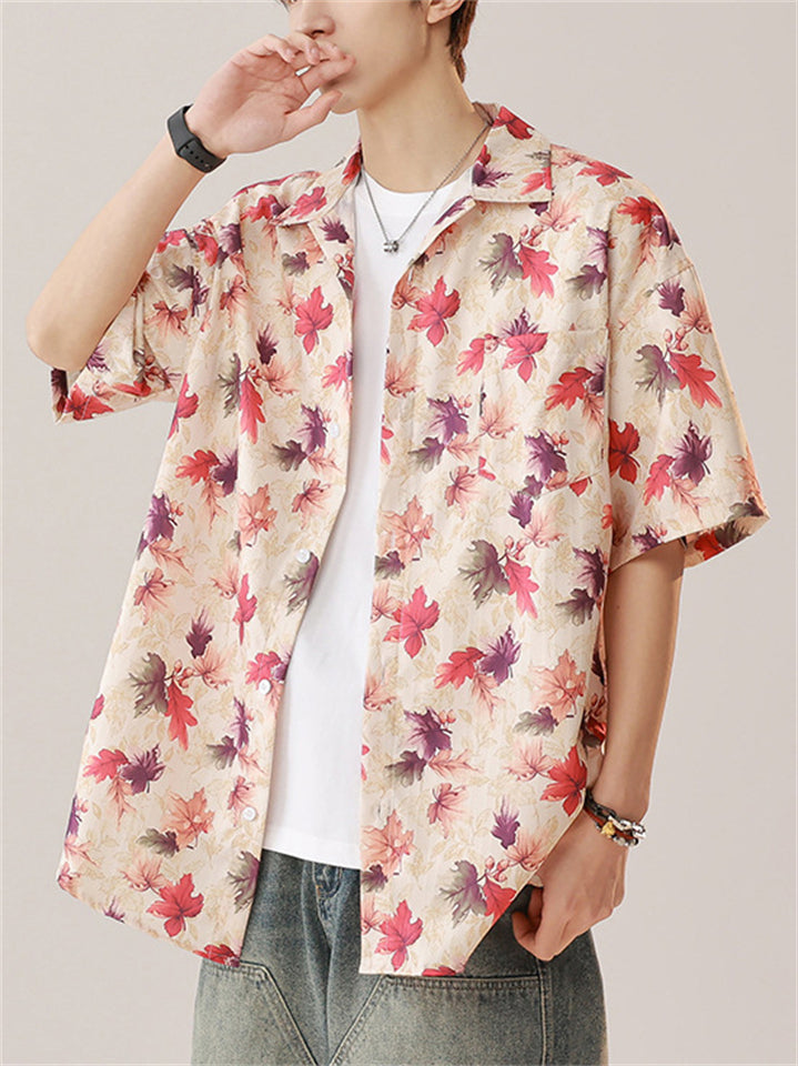Men's Holiday Style Leaves Print Casual Short Sleeve Beach Shirt