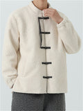 Fleece Mandarin Collar Coat for Men with Traditional Chinese Buttons