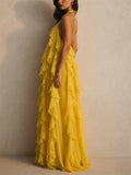 Women Summer Sexy Backless Halter Ruffle Layered Maxi Dress