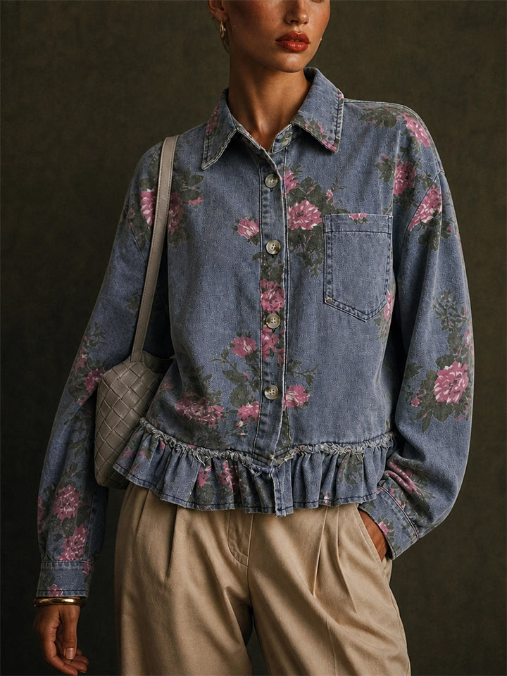 Women Vintage Floral Denim Ruffle Hem Jean Jackets