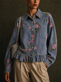 Women Vintage Floral Denim Ruffle Hem Jean Jackets