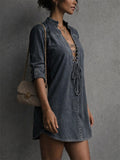 Women's Grey Denim Lace Up V Neck Casual Mini Shift Dress