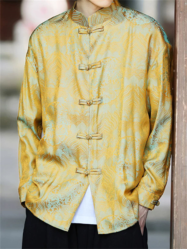Men's Chinese Style Jacquard Brocade Cardigan Shirts with Stand Collar