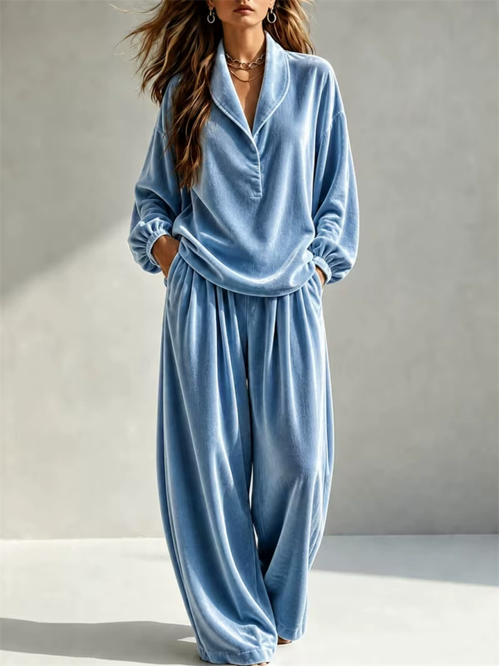 Women Velvet Lounge Set Half Button Notch Collar Top and Wide Leg Pants
