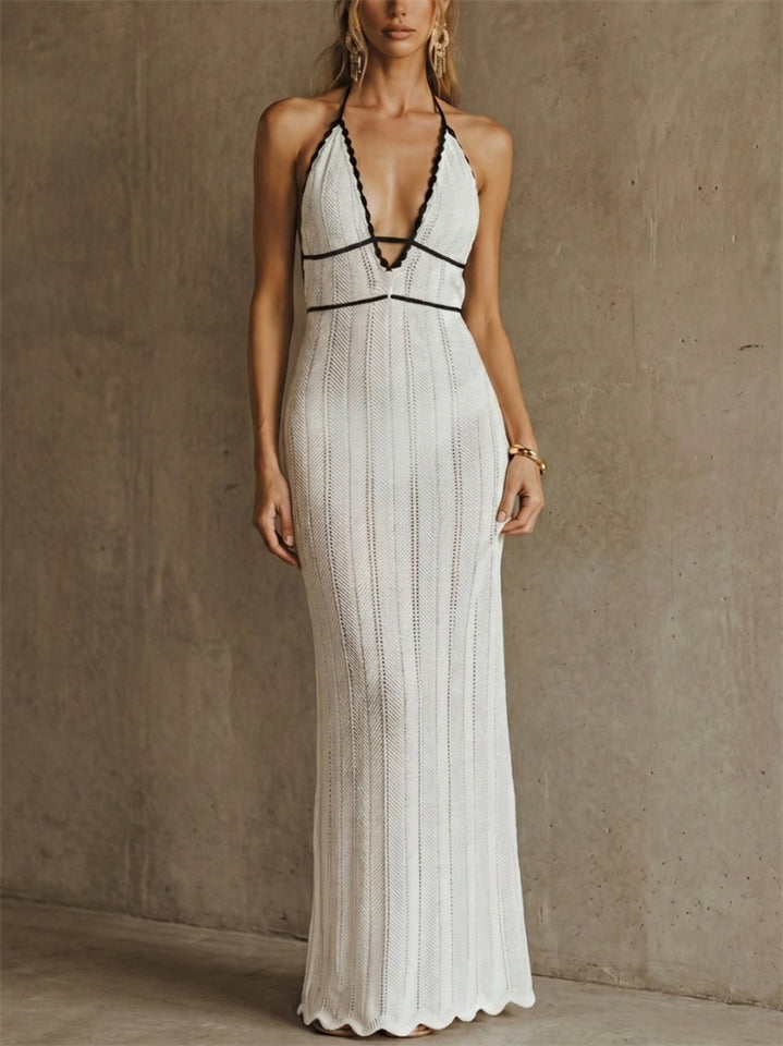 Women Contrast Trim Backless Sexy Beach Resort Halter Knit Maxi Dress