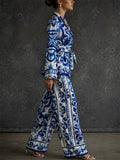 Women's Elegant Majolica Print Satin 2 Piece Wide Leg Resort Suit