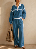 Womens Trendy Striped Patchwork Polo Top Wide Leg Pants Set
