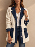 Women Color Block Fleece Button Down Teddy Jacket with Pockets