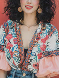 Summer Floral Embroidery V-Neck Bubble Sleeve Shirt for Women