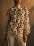 Women French Style Polka Dots Heart Print Ruffle Lantern Sleeve Blouse