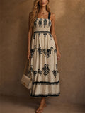 Womens Holiday Style Boho Print Smocked Tiered Summer Maxi Dress