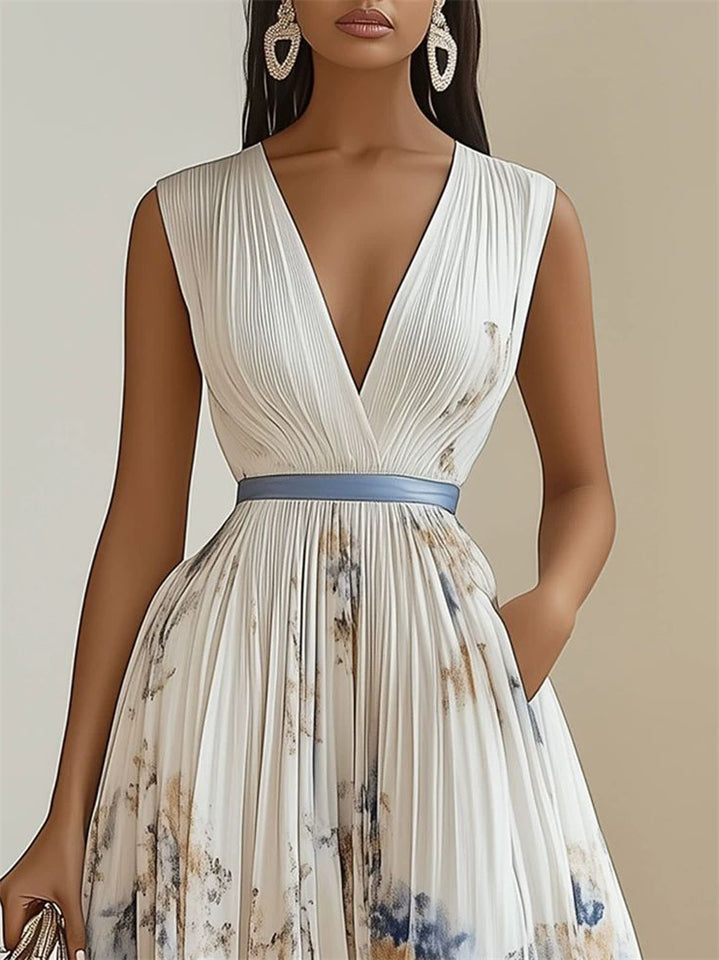 Women's Elegant V-Neck Print Holiday Style Sleeveless Pleated Dress