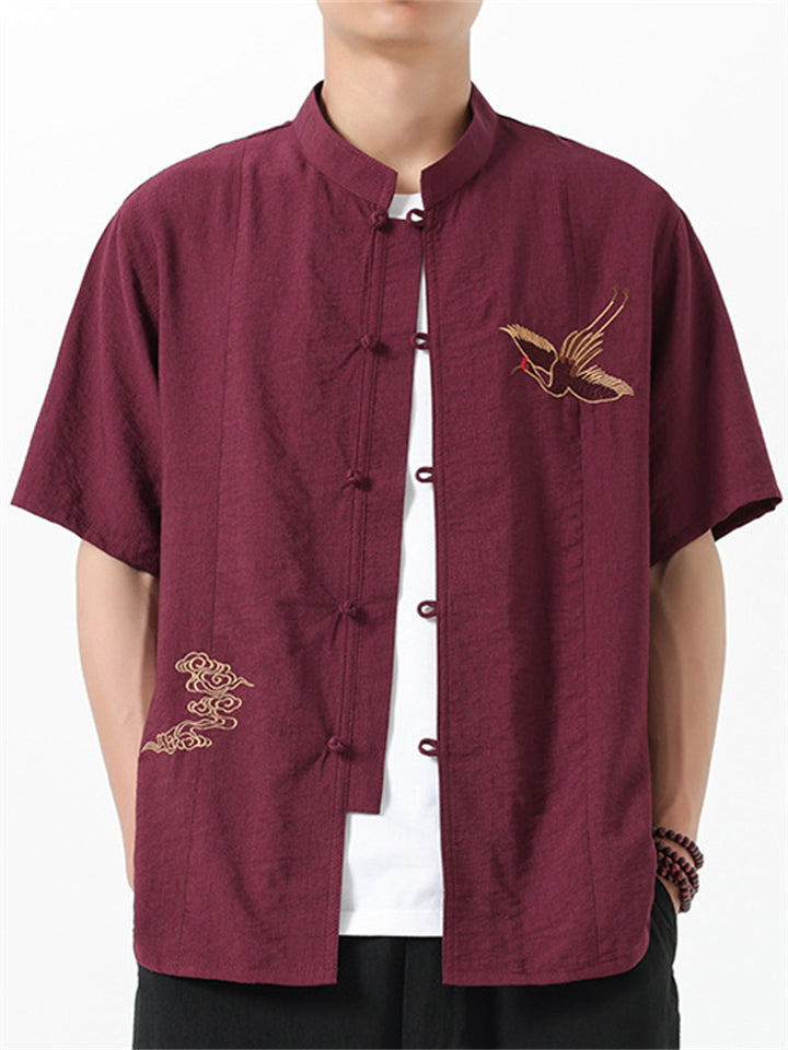 Chinese Style Men's Crane Embroidery Stand Collar Half Sleeve Shirts