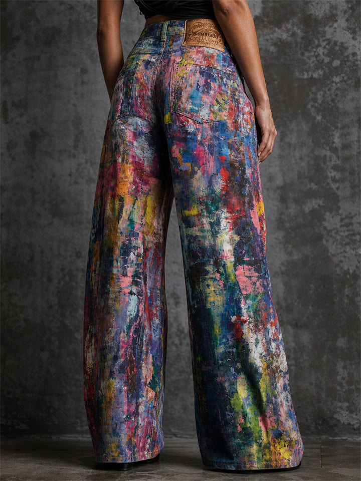 Women Colorful Graffiti Wide Leg High Waist Denim Jeans