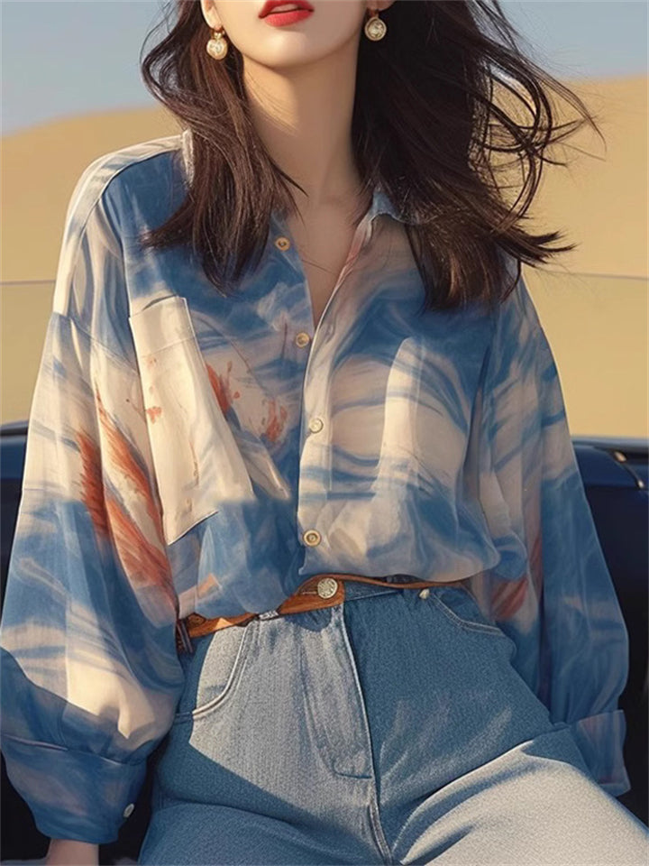 Korean Style Blue Summer Button Up Lapel Shirt for Women